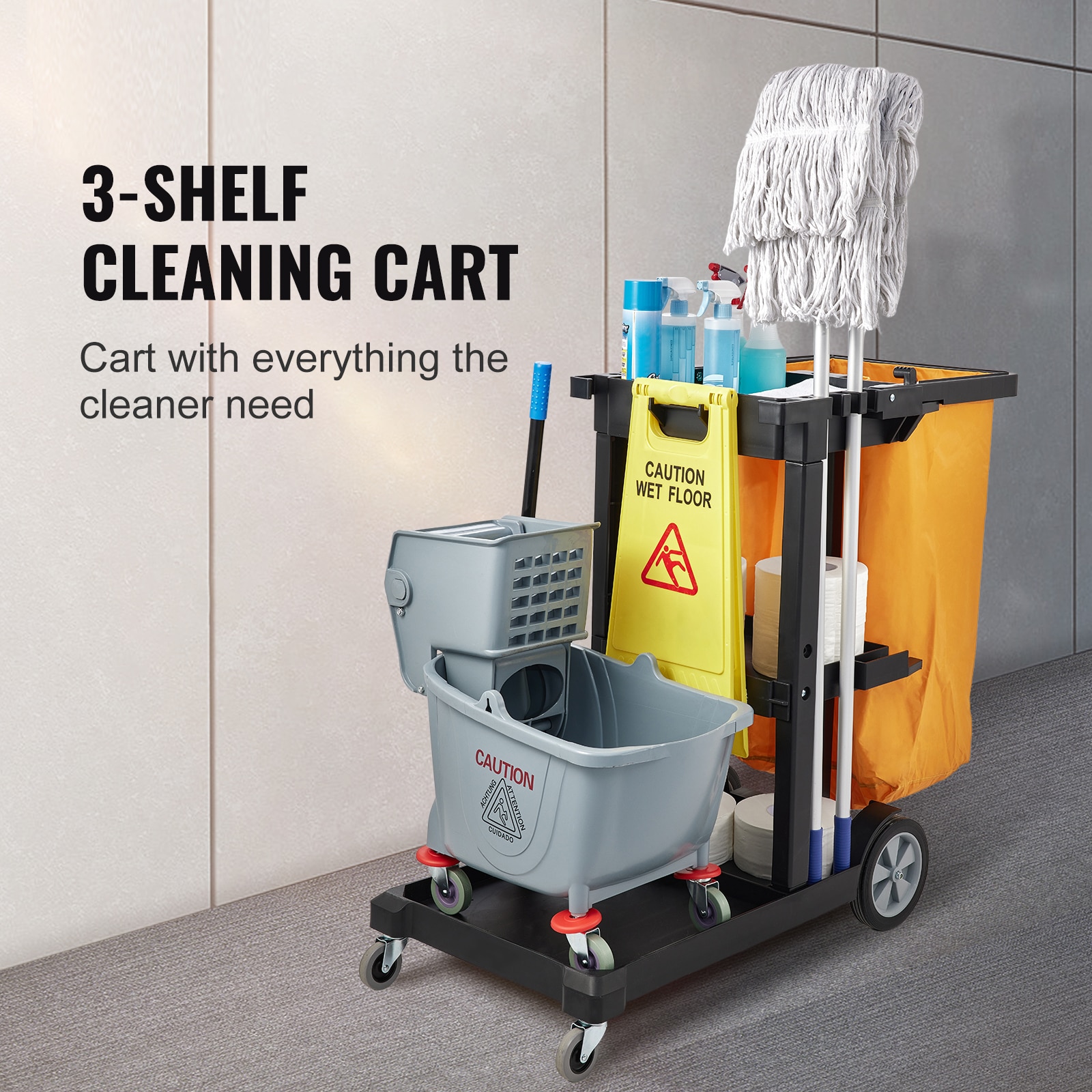 Cleaning Cart, 3-Shelf Commercial Janitorial Cart, 200 Lbs Capacity Plastic Housekeeping Cart, With 25 Gallon PVC Bag, 47 X 20 X 38.6in, Yellow&Black_maomaolike.com